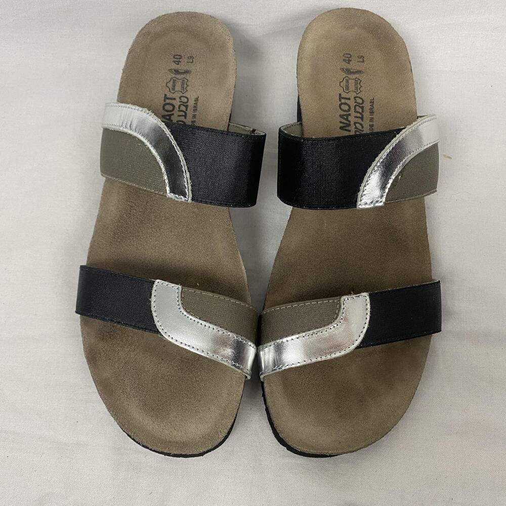 Naot Slide Sandals Womens 9 40 Black Silver Colorblock Leather Comfort Strappy - Picture 4 of 14